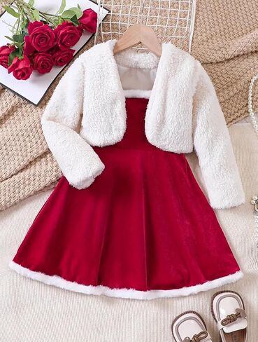 2 Piece Girls' Red Velvet Christmas Dress and Coat Set with White Fur Trim in Saudi Arabia