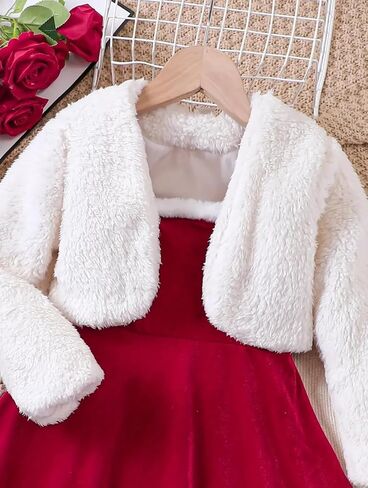 2 Piece Girls' Red Velvet Christmas Dress and Coat Set with White Fur Trim in Saudi Arabia