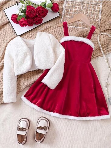 2 Piece Girls' Red Velvet Christmas Dress and Coat Set with White Fur Trim in Saudi Arabia