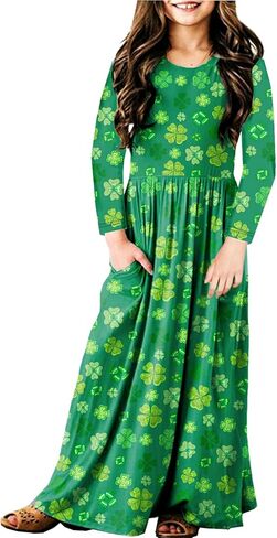 فستان عيد القديس باتريك شامروك للفتيات، فستان ربيعي مطبوع عليه نبات النفل باللون الأخضر المحظوظ، 11-12 سنة in Kuwait