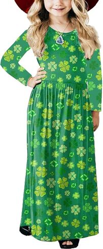 فستان عيد القديس باتريك شامروك للفتيات، فستان ربيعي مطبوع عليه نبات النفل باللون الأخضر المحظوظ، 11-12 سنة in Kuwait