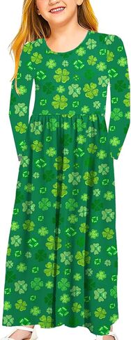 فستان عيد القديس باتريك شامروك للفتيات، فستان ربيعي مطبوع عليه نبات النفل باللون الأخضر المحظوظ، 11-12 سنة in Kuwait