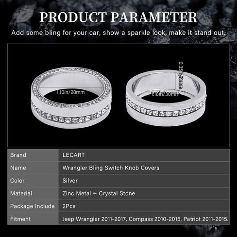 LECART Bling for Jeep Accessories Wrangler JK JKU 2018 2017 2016 2015 2014 2013 2012 2011 أغطية مقبض ضبط حجم الكريستال غطاء معدني 2 حزمة in Kuwait