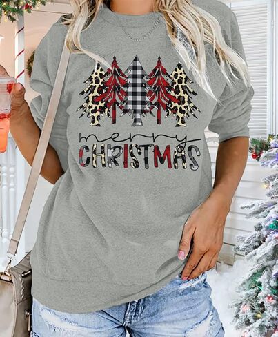 Women Merry Christmas Long Sleeve Shirts Plaid Leopard Christmas Tree Print Shirt Casual V Neck Raglan Sleeve Xmas Shirt in Saudi Arabia