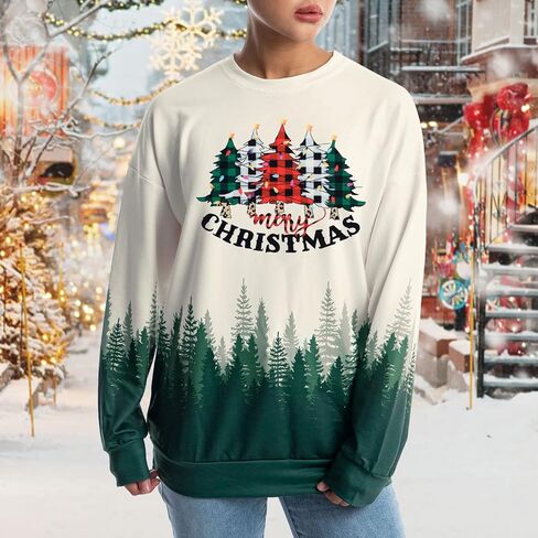 Women Merry Christmas Long Sleeve Shirts Plaid Leopard Christmas Tree Print Shirt Casual V Neck Raglan Sleeve Xmas Shirt in Saudi Arabia