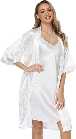 Women's Silk Pajamas Set 2 Piece Satin Robe with Cami Sexy Nightgown Wedding Day Bride Kimono Sleepwear Sets in Saudi Arabia