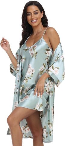 Women's Silk Pajamas Set 2 Piece Satin Robe with Cami Sexy Nightgown Wedding Day Bride Kimono Sleepwear Sets in Saudi Arabia