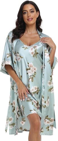 Women's Silk Pajamas Set 2 Piece Satin Robe with Cami Sexy Nightgown Wedding Day Bride Kimono Sleepwear Sets in Saudi Arabia
