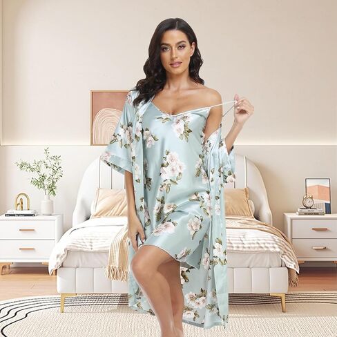 Women's Silk Pajamas Set 2 Piece Satin Robe with Cami Sexy Nightgown Wedding Day Bride Kimono Sleepwear Sets in Saudi Arabia