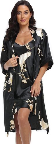 Women's Silk Pajamas Set 2 Piece Satin Robe with Cami Sexy Nightgown Wedding Day Bride Kimono Sleepwear Sets in Saudi Arabia