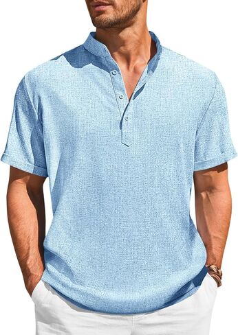 Runcati Mens Henley Shirts Short Sleeve Casual Linen Band Collar T-Shirt Summer Beach Vacation Tops in Saudi Arabia