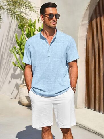 Runcati Mens Henley Shirts Short Sleeve Casual Linen Band Collar T-Shirt Summer Beach Vacation Tops in Saudi Arabia