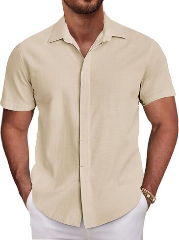 COOFANDY Men's Linen Short Sleeve Shirts Casual Button Down Shirts Textured Summer Beach Wedding Shirt in Saudi Arabia