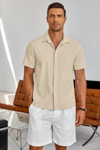 COOFANDY Men's Linen Short Sleeve Shirts Casual Button Down Shirts Textured Summer Beach Wedding Shirt in Saudi Arabia