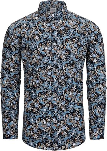 قميص رجالي من TUNEVUSE بأكمام طويلة مزين بالزهور وطبعة زهور وأزرار سفلية من القطن in Kuwait