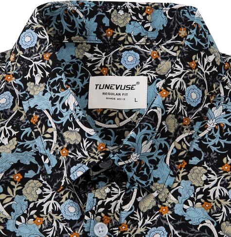 قميص رجالي من TUNEVUSE بأكمام طويلة مزين بالزهور وطبعة زهور وأزرار سفلية من القطن in Kuwait