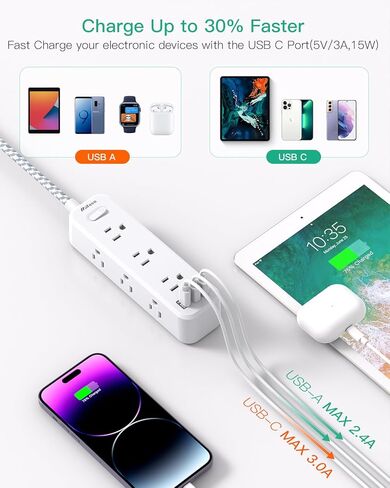 Surge Protector Power Strip, Braided Extension Cord with 9 AC Outlets 2 USB-A 1 USB-C Ports, 5ft Flat Plug Outlet Extension, 3 Sided Desktop Charging Station for Home,Office, Dorm, Travel, 900J in Saudi Arabia