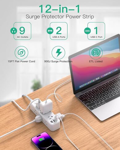 Surge Protector Power Strip, Braided Extension Cord with 9 AC Outlets 2 USB-A 1 USB-C Ports, 5ft Flat Plug Outlet Extension, 3 Sided Desktop Charging Station for Home,Office, Dorm, Travel, 900J in Saudi Arabia