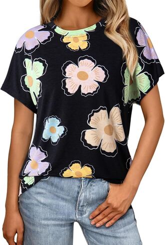 Dokotoo Womens Tops Crewneck Floral Print Short Sleeve Summer T Shirts for Women Casual Loose Fit Blouses in Saudi Arabia