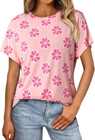 Dokotoo Womens Tops Crewneck Floral Print Short Sleeve Summer T Shirts for Women Casual Loose Fit Blouses in Saudi Arabia