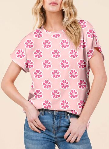 Dokotoo Womens Tops Crewneck Floral Print Short Sleeve Summer T Shirts for Women Casual Loose Fit Blouses in Saudi Arabia