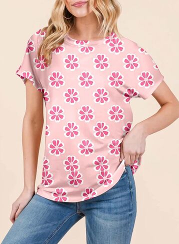 Dokotoo Womens Tops Crewneck Floral Print Short Sleeve Summer T Shirts for Women Casual Loose Fit Blouses in Saudi Arabia