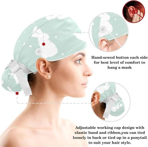Funny Frogs Pattern Scrub Cap, Adjustable Working Cap with Button, Bouffant Caps with Bow Hair Scrunchy in Kuwait
