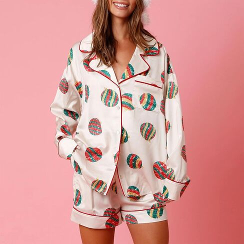 Muineobuka Women Christmas Pajamas 2 Piece Set Y2K Bow Tie Button Down Long Sleeve Shirts Wide Leg Shorts Silk Pjs Set in Saudi Arabia