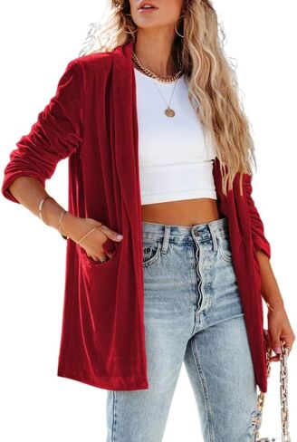 Velvet Blazers Jackets for Women Trendy Lapel Collar Blazer Velvet Suit Casual Business Long Sleeve Cardigan Outerwear in Kuwait