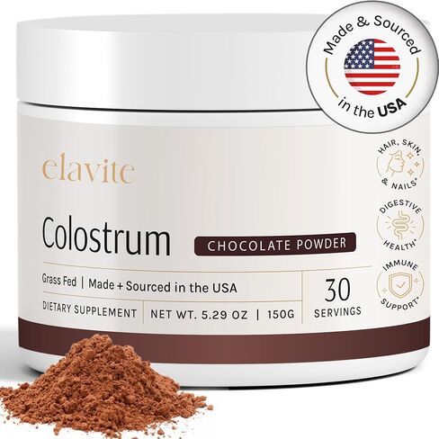 Colostrum Powder (30 Servings) 100% Grass Fed Bovine Colostrum for Humans - Supplement for Healthy Hair, Skin & Nails - Chocolate Flavor - Made in USA in Saudi Arabia