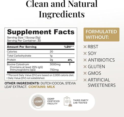 Colostrum Powder (30 Servings) 100% Grass Fed Bovine Colostrum for Humans - Supplement for Healthy Hair, Skin & Nails - Chocolate Flavor - Made in USA in Saudi Arabia