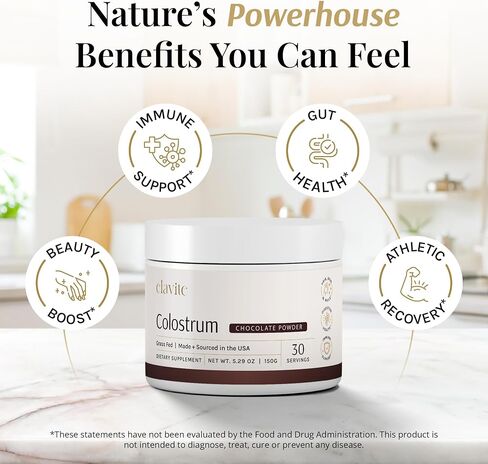 Colostrum Powder (30 Servings) 100% Grass Fed Bovine Colostrum for Humans - Supplement for Healthy Hair, Skin & Nails - Chocolate Flavor - Made in USA in Saudi Arabia