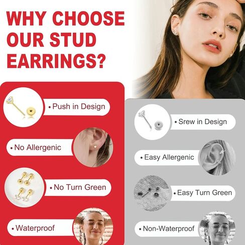 Threadless Flat Back Earrings for Women,Men,3 Pairs Hypoallergenic Push in Flat Back Cubic Zirconia, Titanium Surgical Stainless Steel Stud Earring for Cartilage Tragus Helix Piercing Jewelry in Kuwait