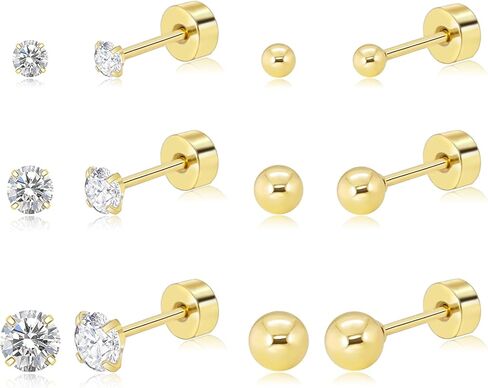 Threadless Flat Back Earrings for Women,Men,3 Pairs Hypoallergenic Push in Flat Back Cubic Zirconia, Titanium Surgical Stainless Steel Stud Earring for Cartilage Tragus Helix Piercing Jewelry in Kuwait