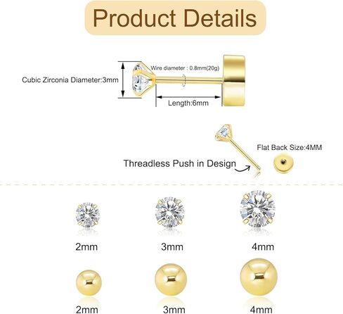 Threadless Flat Back Earrings for Women,Men,3 Pairs Hypoallergenic Push in Flat Back Cubic Zirconia, Titanium Surgical Stainless Steel Stud Earring for Cartilage Tragus Helix Piercing Jewelry in Kuwait