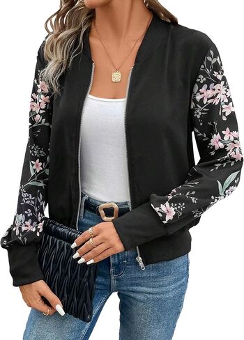 MakeMeChic Women's Baseball Jacket Floral Long Sleeve Zip Up Baseball Bomber Jacket Coat in Saudi Arabia