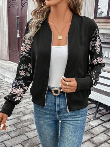 MakeMeChic Women's Baseball Jacket Floral Long Sleeve Zip Up Baseball Bomber Jacket Coat in Saudi Arabia