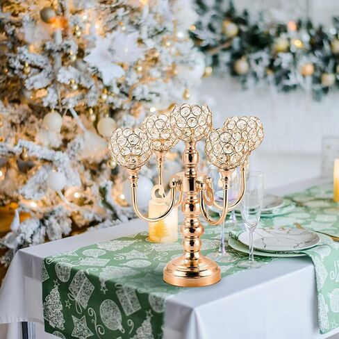 2pcs Candelabra Candle Holder for Table Centerpiece, Crystal Candelabras Holders 5 Arm for Living Room Wedding Party Birthday Centerpieces Decor, Gold in Saudi Arabia