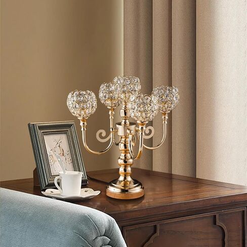 2pcs Candelabra Candle Holder for Table Centerpiece, Crystal Candelabras Holders 5 Arm for Living Room Wedding Party Birthday Centerpieces Decor, Gold in Saudi Arabia