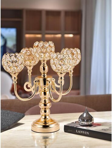 2pcs Candelabra Candle Holder for Table Centerpiece, Crystal Candelabras Holders 5 Arm for Living Room Wedding Party Birthday Centerpieces Decor, Gold in Saudi Arabia