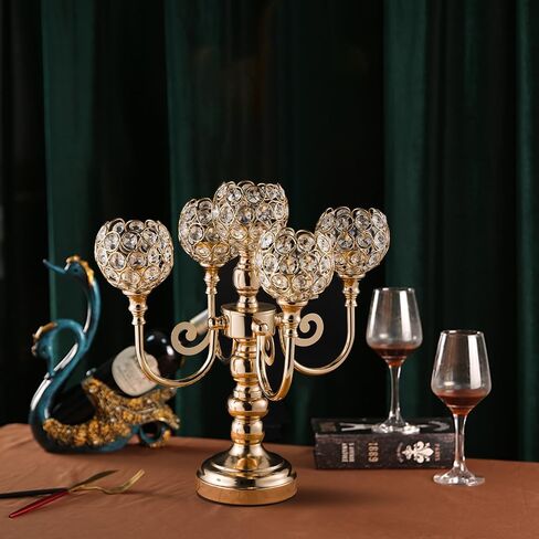 2pcs Candelabra Candle Holder for Table Centerpiece, Crystal Candelabras Holders 5 Arm for Living Room Wedding Party Birthday Centerpieces Decor, Gold in Saudi Arabia