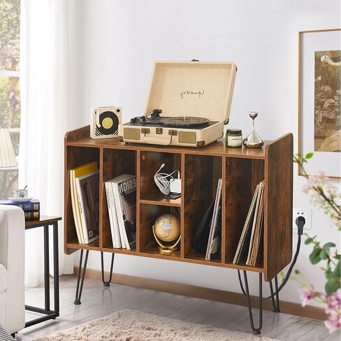 Alessing Large Record Player Stand, Record Player Stand with Vinyl Storage, Mid-Century Record Player Table with 6 Cabinet Holds Up to 200 Albums for Living Room Bedroom Office, Walnut Brown in Saudi Arabia