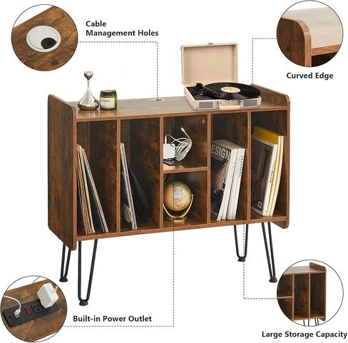 Alessing Large Record Player Stand, Record Player Stand with Vinyl Storage, Mid-Century Record Player Table with 6 Cabinet Holds Up to 200 Albums for Living Room Bedroom Office, Walnut Brown in Saudi Arabia