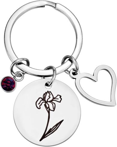 Birth Flower Dainty Hand Stamped Flower with Heart Charm & Birthday Stone keychain Birthday Gift Mother's Day Gift in Saudi Arabia