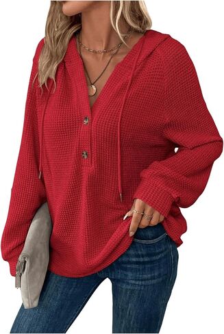 SOLY HUX Women's Long Sleeve Half Button Down Hoodie Waffle Knit Fall Pullover Hooded Sweatshirts in Saudi Arabia