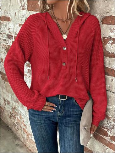 SOLY HUX Women's Long Sleeve Half Button Down Hoodie Waffle Knit Fall Pullover Hooded Sweatshirts in Saudi Arabia