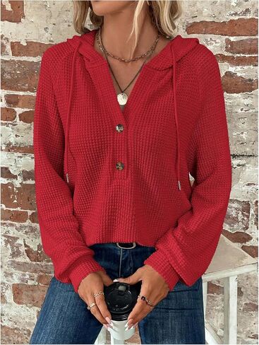 SOLY HUX Women's Long Sleeve Half Button Down Hoodie Waffle Knit Fall Pullover Hooded Sweatshirts in Saudi Arabia
