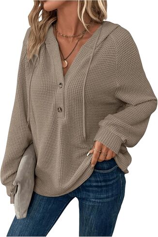 SOLY HUX Women's Long Sleeve Half Button Down Hoodie Waffle Knit Fall Pullover Hooded Sweatshirts in Saudi Arabia