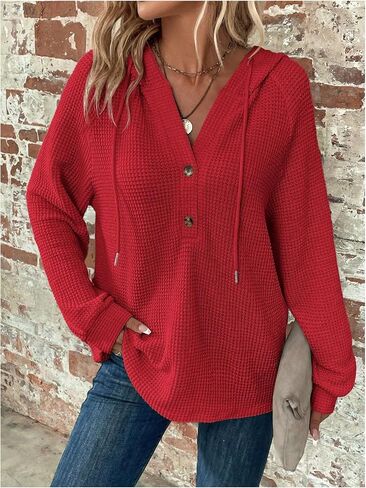 SOLY HUX Women's Long Sleeve Half Button Down Hoodie Waffle Knit Fall Pullover Hooded Sweatshirts in Saudi Arabia