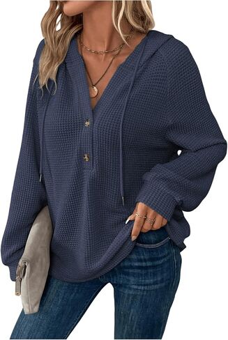 SOLY HUX Women's Long Sleeve Half Button Down Hoodie Waffle Knit Fall Pullover Hooded Sweatshirts in Saudi Arabia